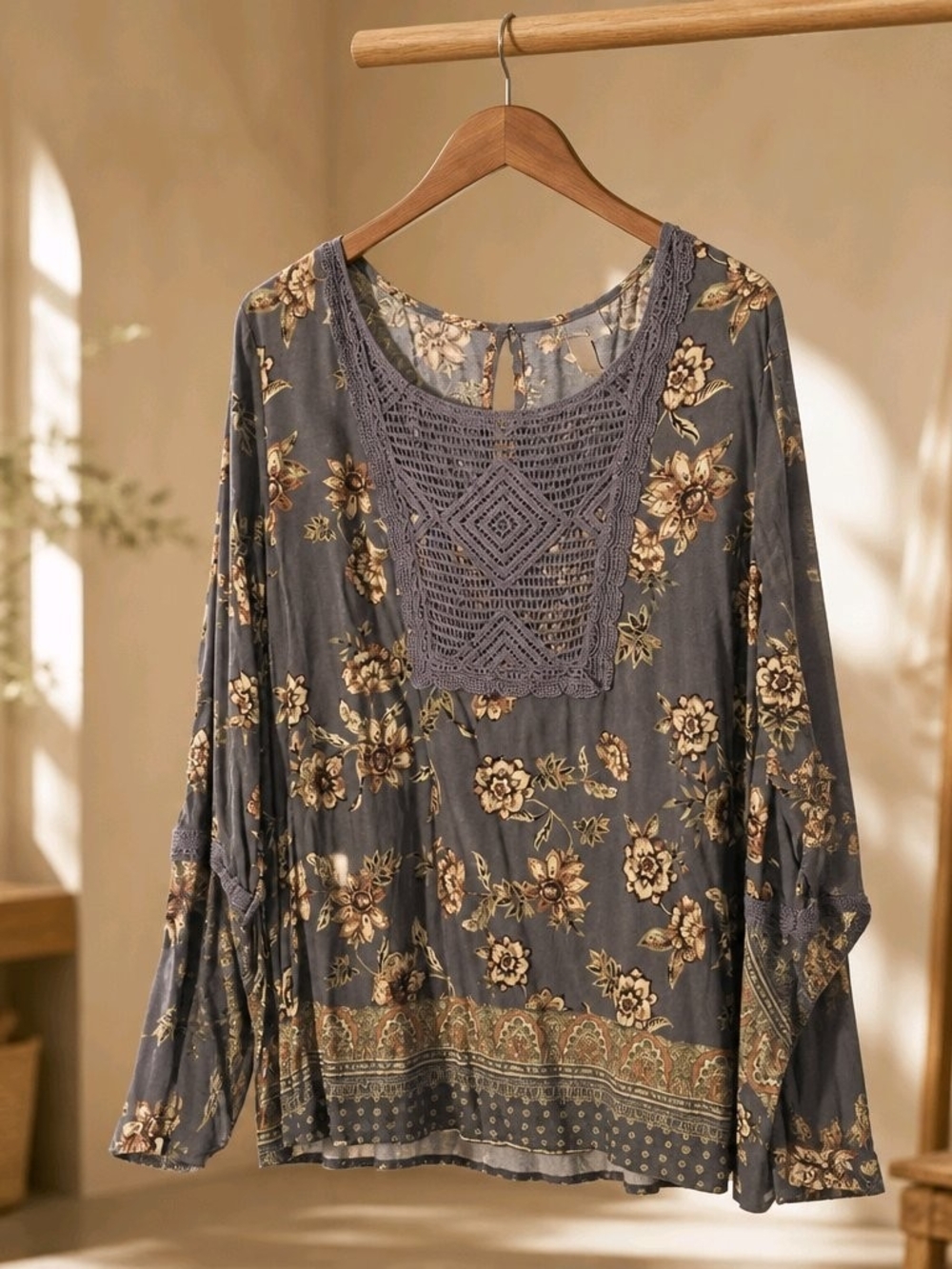 Knox Rose Gray Floral Crochet-Yoke Boho Tunic #838